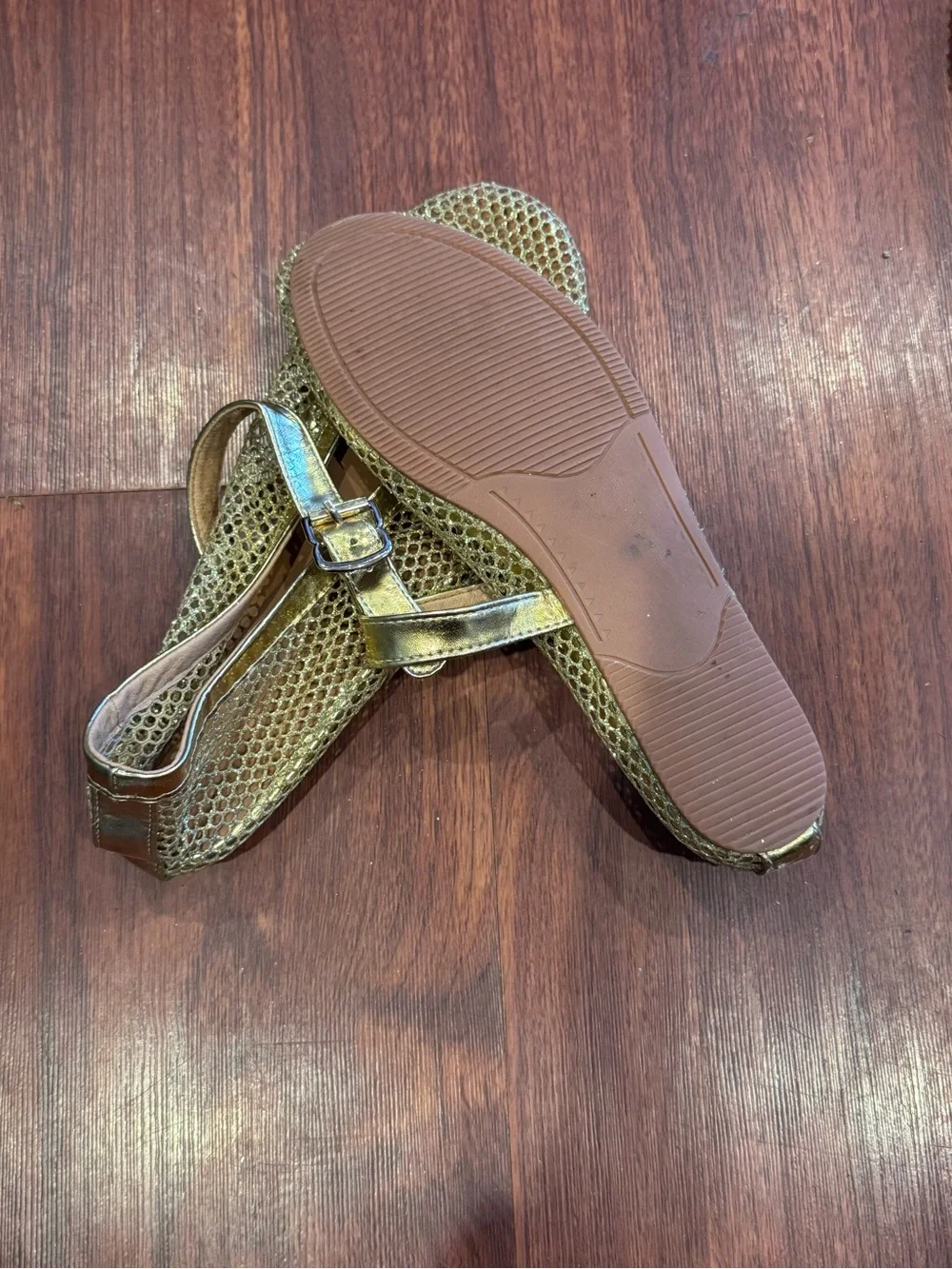 Metallic Gold Mesh Mary Jane Flats with Buckle Strap